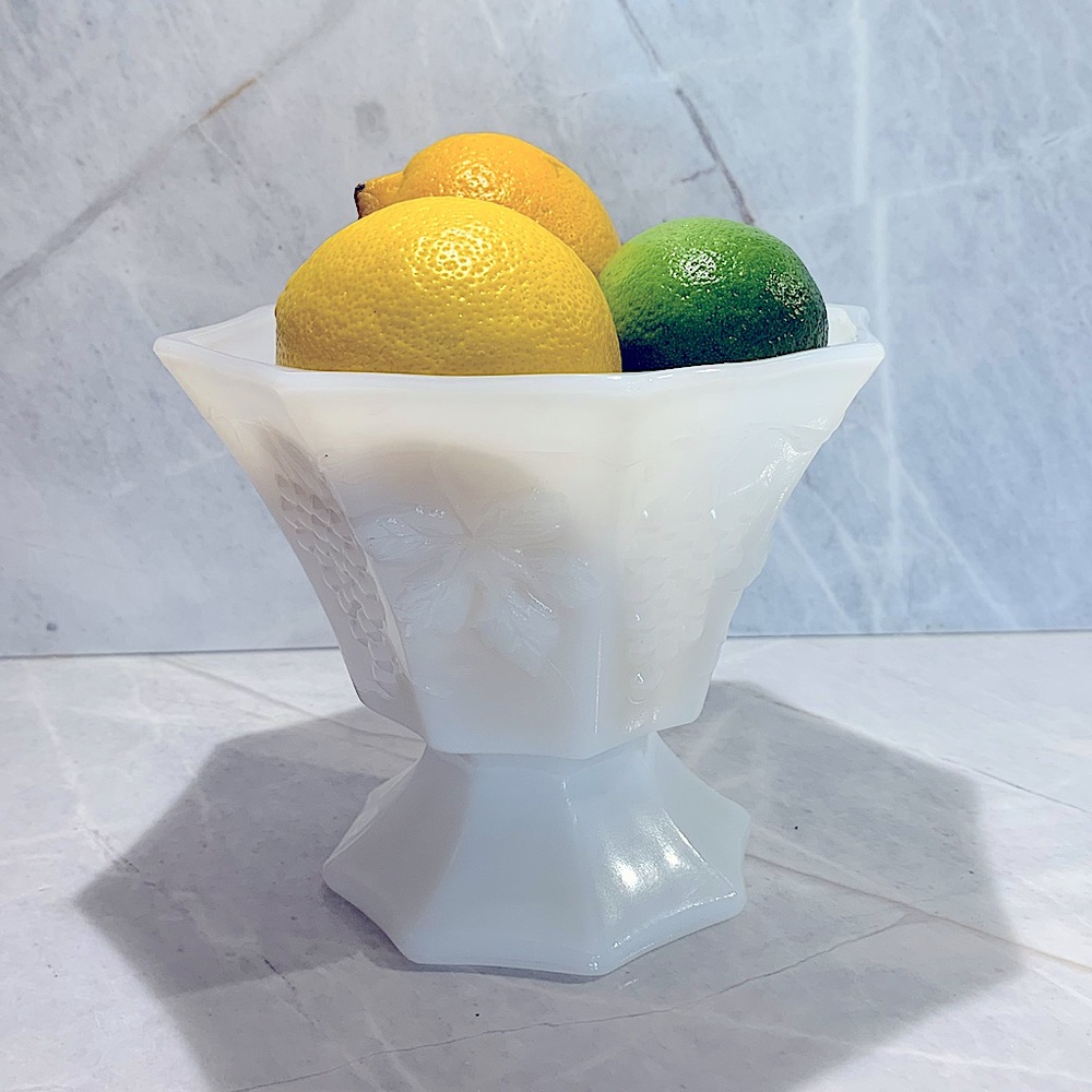 Vintage Anchor Hocking etched milk glass 6” bowl on pedestal